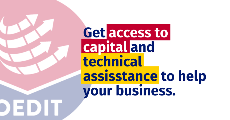 OEDIT logo with text overlaying that says "get access to capital and technical assistance to help your business"