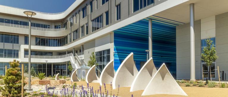 View of modern university exterior courtyard with a blue striped mural and sailboat or shark fin shaped structures.Photo credit: Conor King, Third Dune Productions. Artwork: Nikki Pike (sculpture), Anthony Garcia Sr. (mural)
