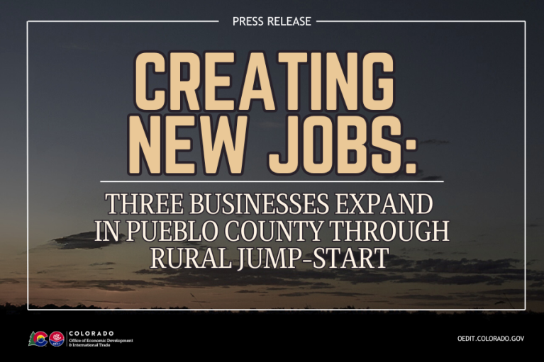 Words: Creating New Jobs: Three Businesses Expand in Pueblo County through Rural Jump-Start Program in front of a darkened sunset background