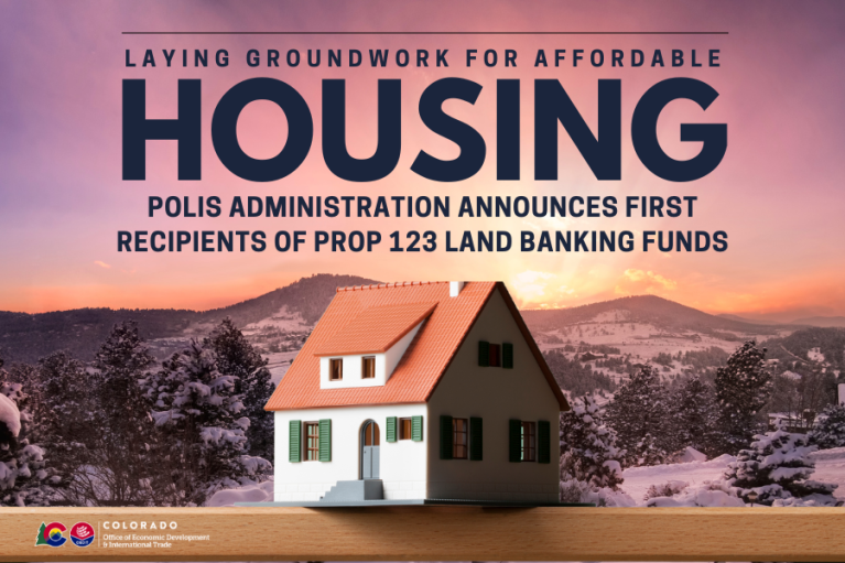 Laying Groundwork for More Housing: Polis Administration Announces First Recipients of Proposition 123 Land Banking Funds. Link in bio. Evening snowy mountain skyline with a house in front below the text.