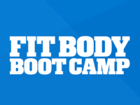 Blue square with white font fit body boot camp