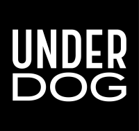 Underdog Design Studio word mark, White text stacked on a black background