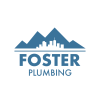 Foster Plumbing logo with blue mountains and city skyline