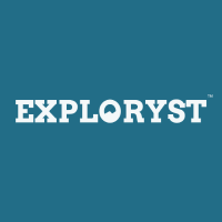 Exploryst in white on a blue background with a trademark logo
