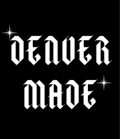 Black and White Denver Made Logo with 2 stars one in front of the letter D and one in behind the letter E.