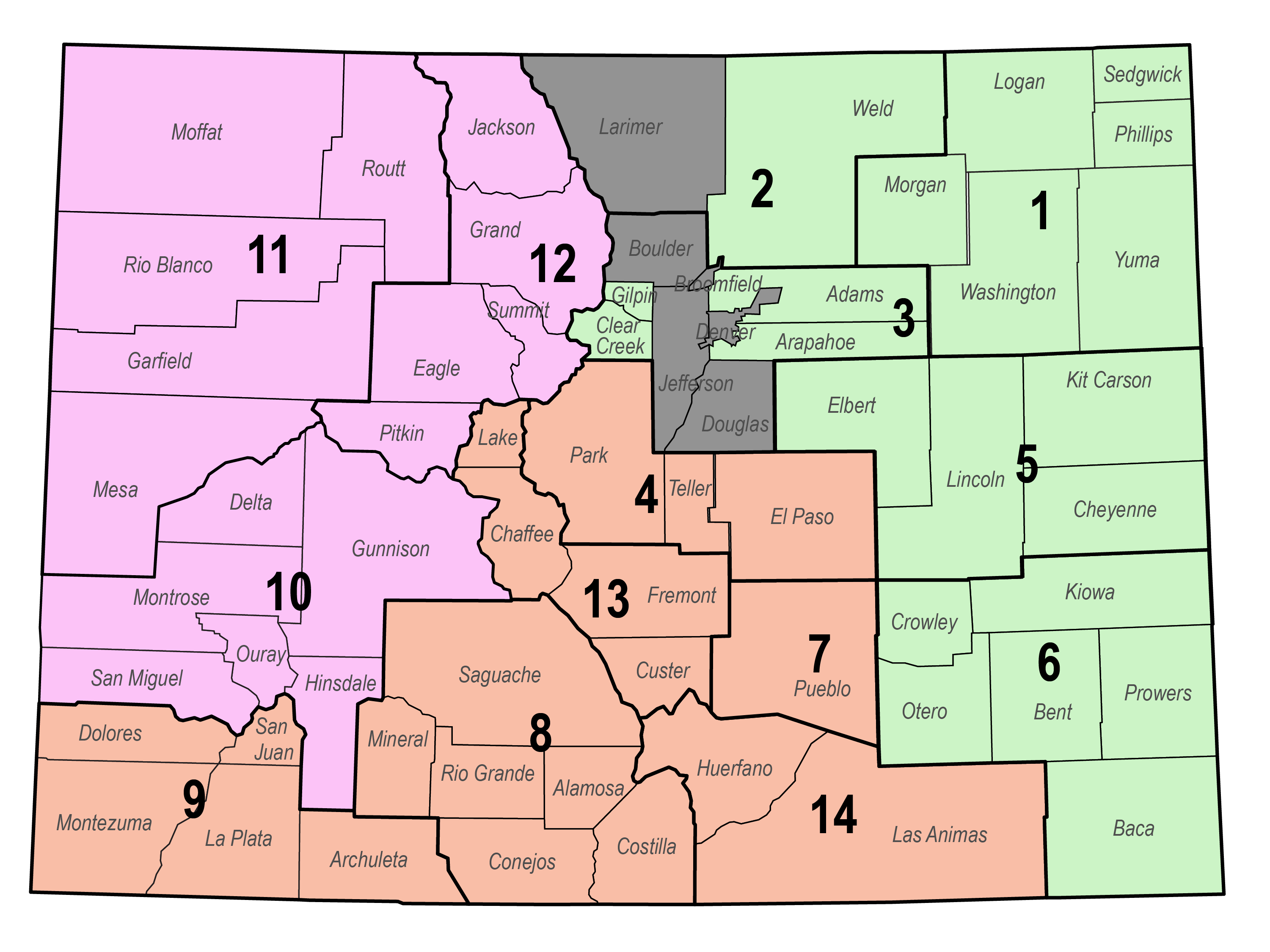 2023 Rural Opportunity Office Colorado Region Map. The map is divided in tones of light purple, red, green, and gray. The Purple is on the left corner and western part of Colorado. The Light red is in the southern part of Colorado. The light green is on the Eastern part of Colorado and the gray is in the middle and northern part of the state. See table column below for additional information on image content