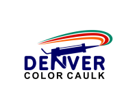 Denver Color Caulk logo: Bold blue text with a caulking gun handle forming the 'N' and a rainbow of colors emanating from the tip of the caulking gun. 
