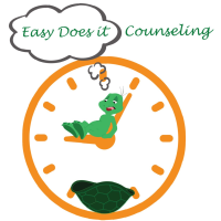 Easy Does It Counseling logo. A turtle outside of it's shell sitting on the hands of an analog clock. A thought bubble above it's head thinking "easy does it"
