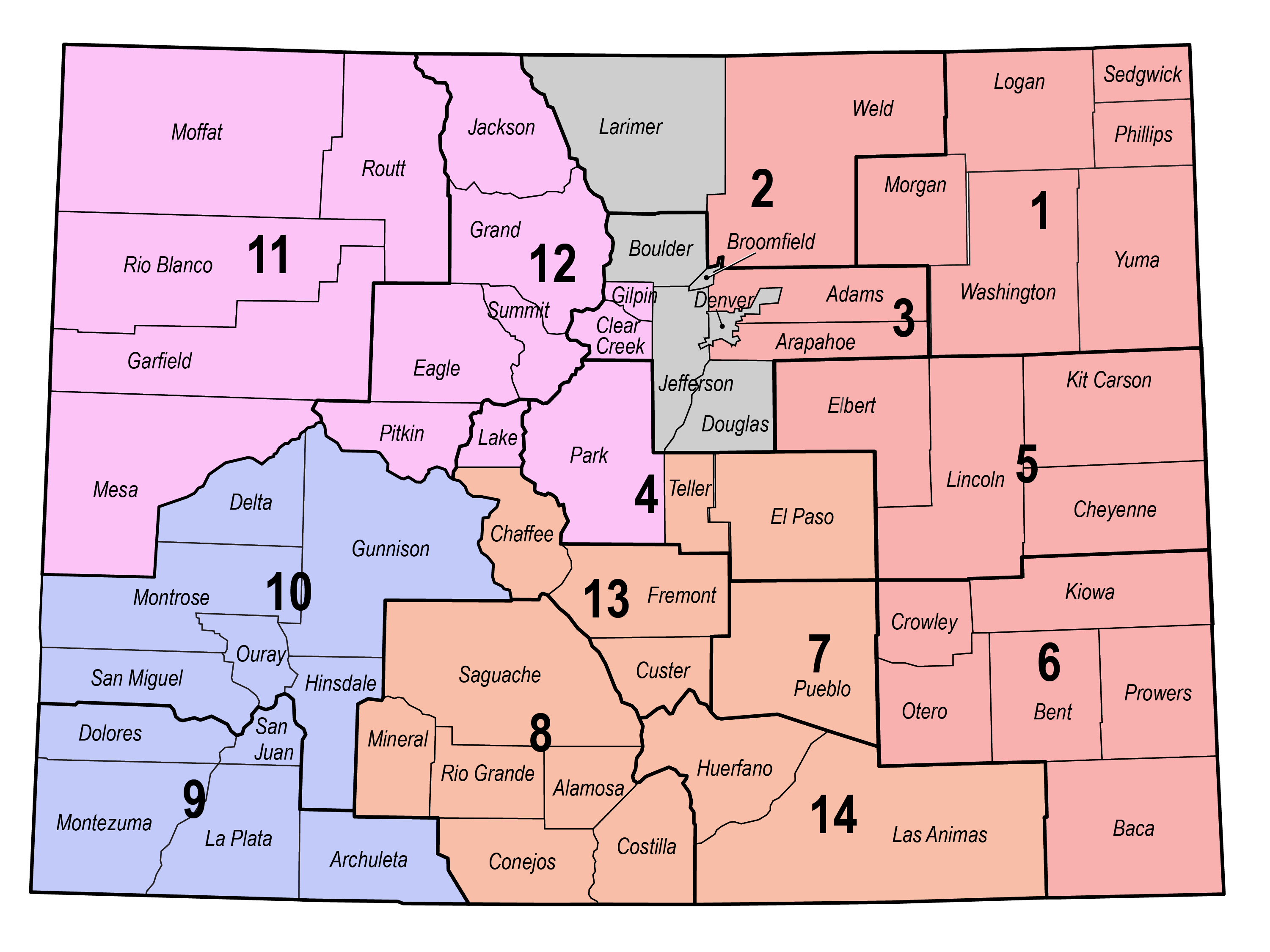 2025 Rural Opportunity Office Colorado Region Map. The map is divided in tones of light purple, red, green, and gray. The Purple is on the left corner and western part of Colorado. The Light red is in the southern part of Colorado. The light green is on the Eastern part of Colorado and the gray is in the middle and northern part of the state. See table column below for additional information on image content
