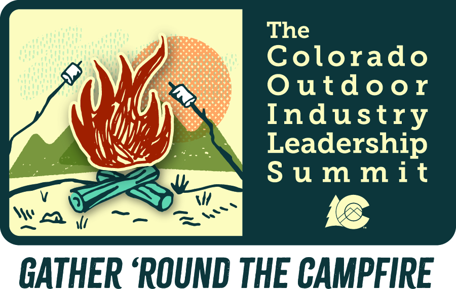 Promotional graphic for The Colorado Outdoor Industry Leadership Summit featuring an illustrated campfire with marshmallows on sticks, titled 'Gather 'Round the Campfire'.