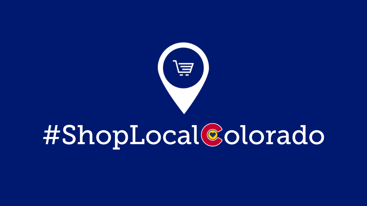 a shopping pinpoint graphic with the text #ShopLocalColorado