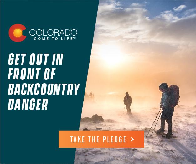 a banner with a picture of people snowshoeing and advertising, "Get out in front of backcountry danger."