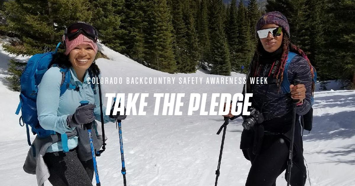 image of two people snowshoeing with text, "Take the Pledge."