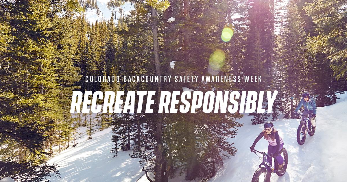 graphic of people biking on a mountain with text "Recreate Responsibly"