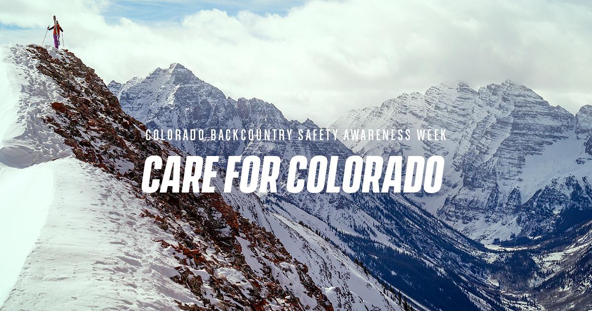 graphic with image of snowy mountains and text, "Care for Colorado."