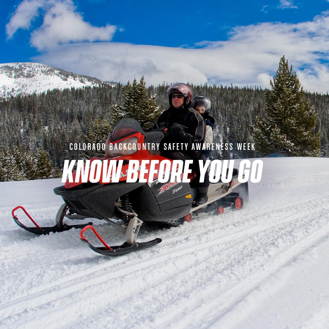 picture of people snowmobiling with text, "Know Before You Go."