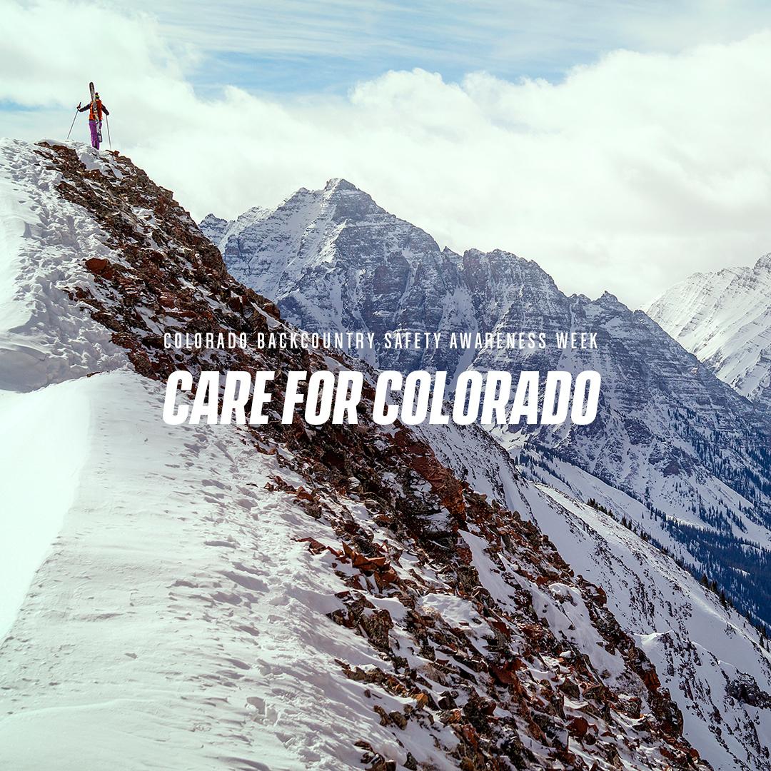 graphic with picture of snowy mountains and text, "Care for Colorado"