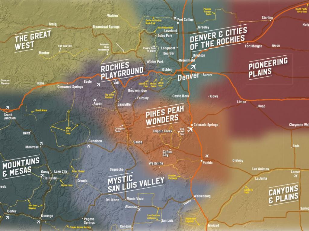 Colorado's 8 Travel regions are defined as Denver & Cities of the Rockies, Pioneering Plains, Canyons & Plains, Pikes Peak Wonders, Rockies Playground, Mystic San Luis Valley, Mountains & Mesas and The Great West