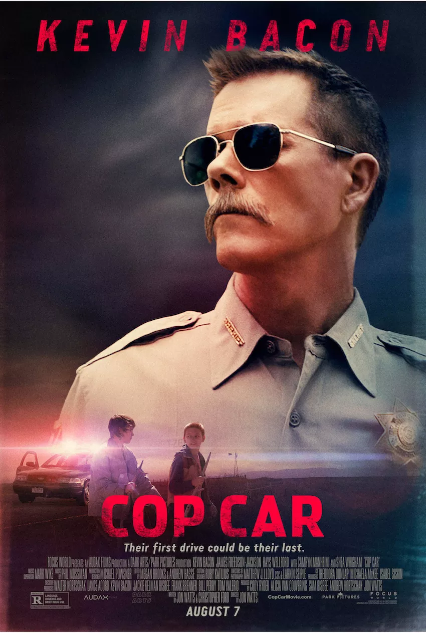 Kevin Bacon with aviators and mustache and text saying cop car
