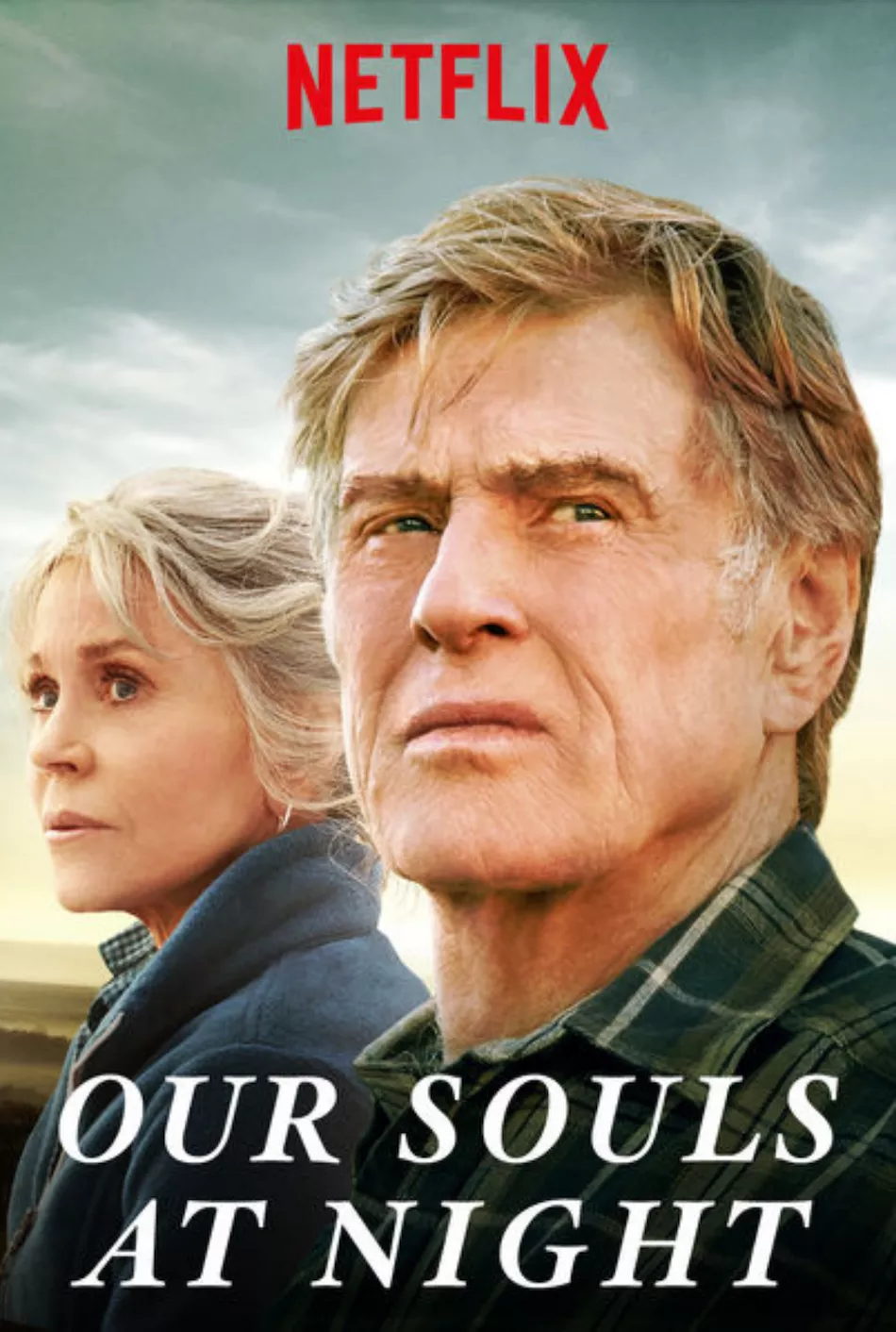 older man and woman looking off camera with dark sky and text saying our souls at night