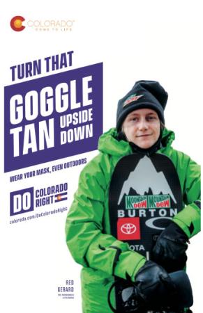 ad stating 'turn that goggle tan upside down' with snowboarder