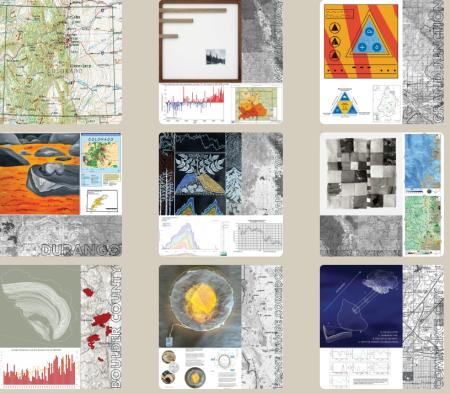 9 square collages of art containing scientific imagery