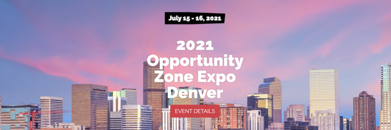 Denver cityscape at sunset with words "2021 Opportunity Zone Expo Denver"