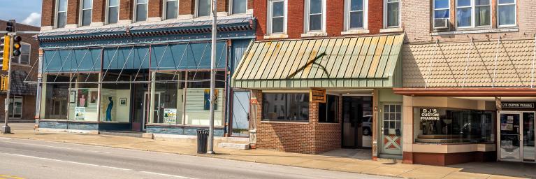 Ornate downtown shops and storefronts on main street in small town