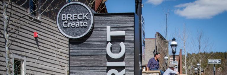 Breck Create sign at their Creative District in downtown Breckenridge, Colorado