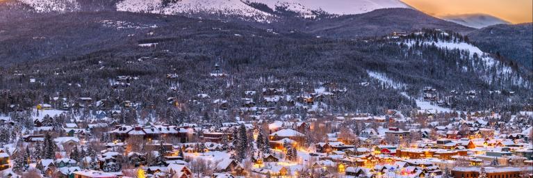 town of Breckenridge in the winter after a snowfall with mountains in background