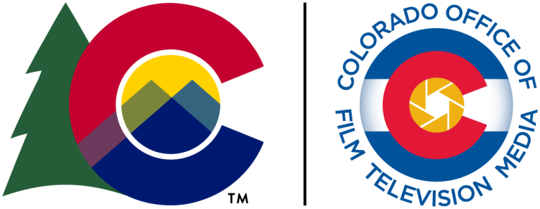 On the left a red and blue C with yellow in the middle, and mountains coming up in green and blue, with a tree on the side. On the right the Colorado flag surrounded by the words colorado office of film television media