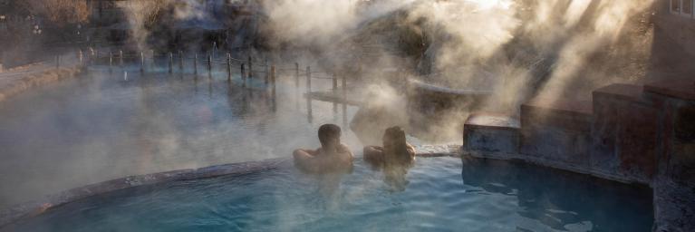 Two people soaking in Pagosa Springs Hot Springs