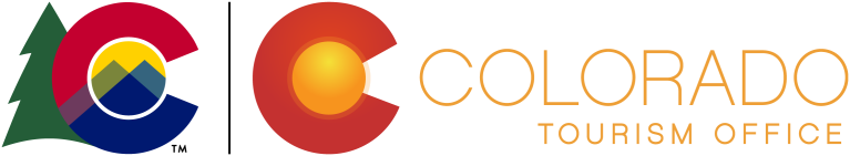Colorado Tourism Office logo that has a blue, red, and yellow C with a tree on the outside, and a next to it a red and yellow C 