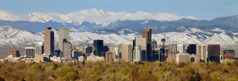 Denver skyline with mountains in the background