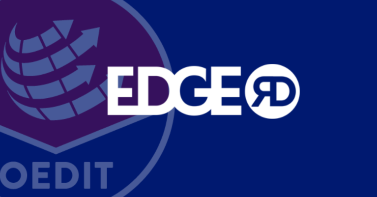 White Edge R&D company logo on a blue background with the OEDIT logo showing arrows pointing up.