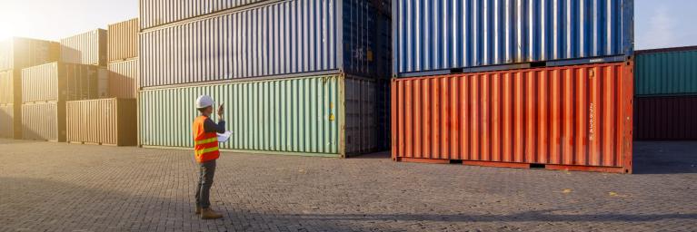 Worker looks at shipping crates