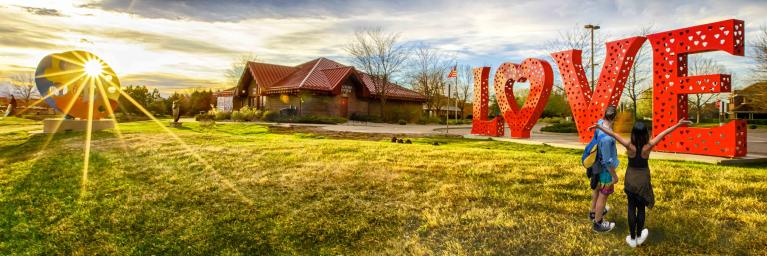 A lock sculpture spelling "LOVE" in Loveland, Colorado