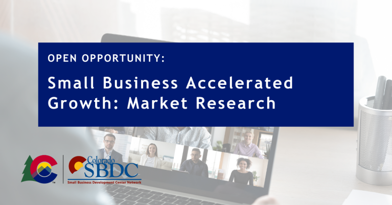 Blue block with the writing "small business accelerated growth: market research" with a computer screen in the background.