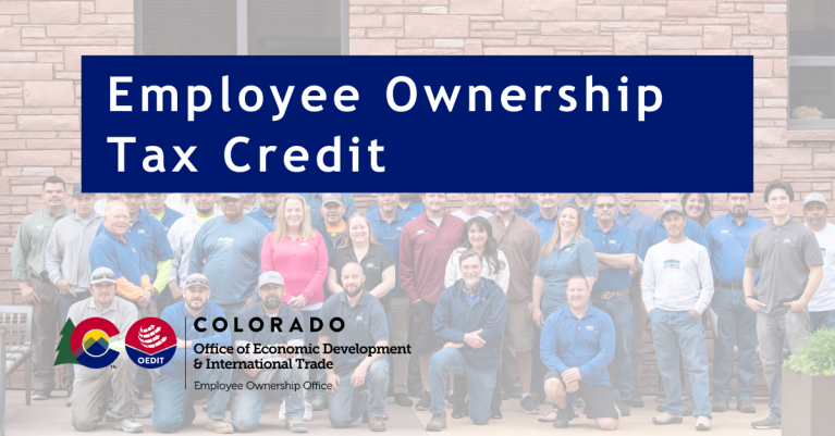 Employee Ownership Tax Credit over backdrop of happy employees