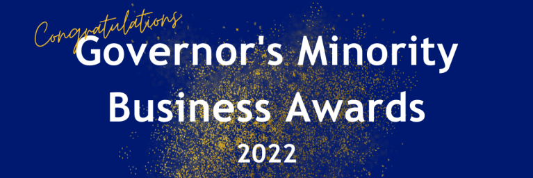 Governor's Minority Business Awards 2022 written in white in front of blue background
