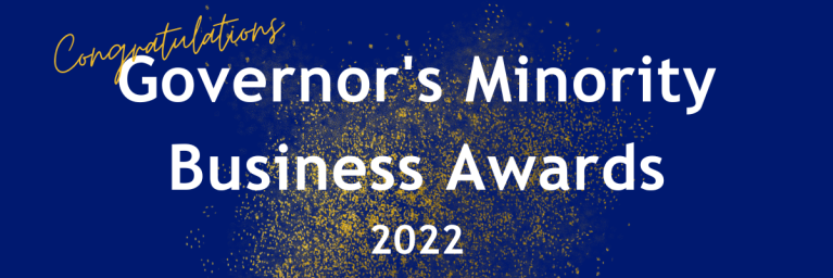 Governor's Minority Business Awards 2022 written in white in front of royal blue background with glitter in the foreground