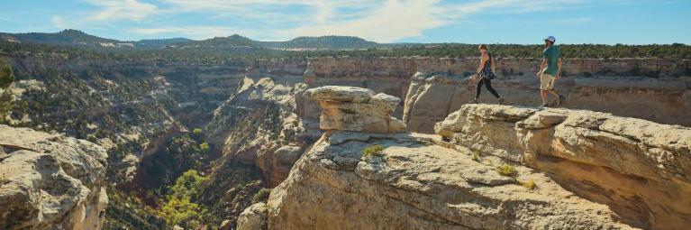 Two hikers approach a cliff's edge looking over a deep valley.