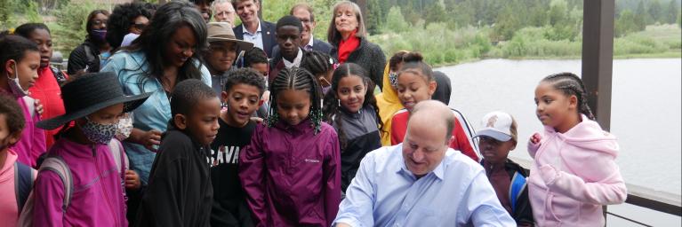 Governor Jared Polis at Outdoor Access for Underserved Youth Bill Signing at Lincoln Hills Outside Black Hawk