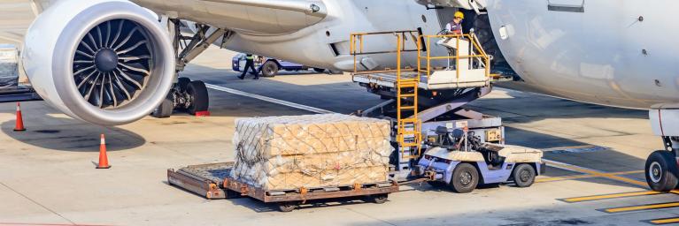 Exporting goods being loaded into an airplane
