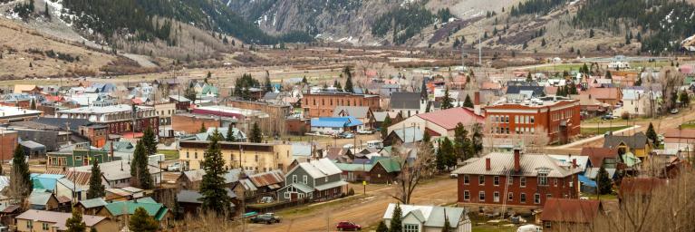 Overhead view of the small mountain town of Silverton, Colorado