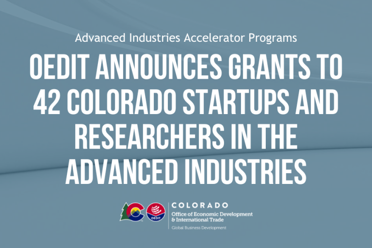 Press Release Image with words "OEDIT Announces Grants to 42 Colorado Startups and Researchers in the Advanced Industries"