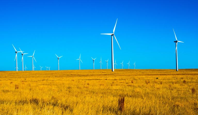 Several windmills stand above a golden field on a blue sky day