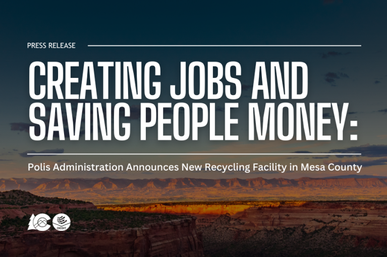Press release banner stating 'Creating Jobs and Saving People Money: Polis Administration Announces New Recycling Facility in Mesa County,' set against a backdrop of a mountain range at sunset.
