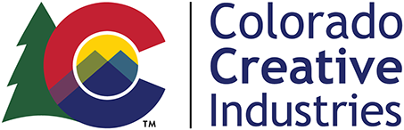 Colorado Creative Industries logo, on the left a letter C with a tree on the side, blue mountains the middle of the red and blue C