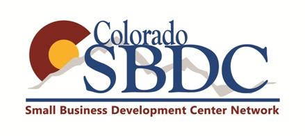 Image of Colorado SBDC in Blue font. There is a gray line of mountains behind it and a blue line holding the Colorado SBDC words. Beneath is in red font Small Business Development Center Network words. There is also a Red C with an internal yellow dot next to the gray mountain outline